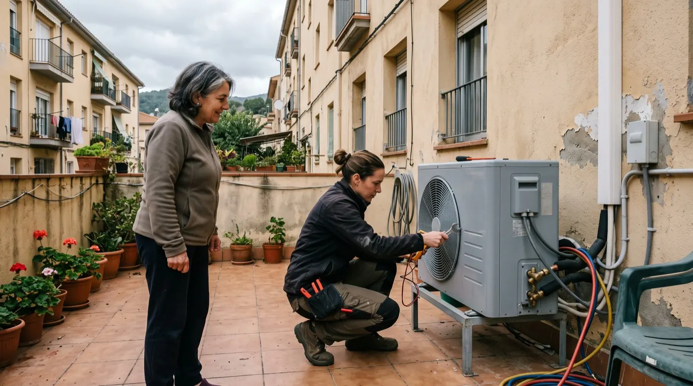 Técnico explica una bomba de calor aire-agua a un propietario