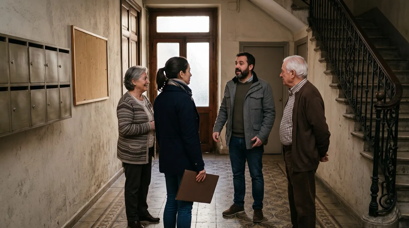 Vecinos reunidos revisan documentación de una obra en el portal del edificio