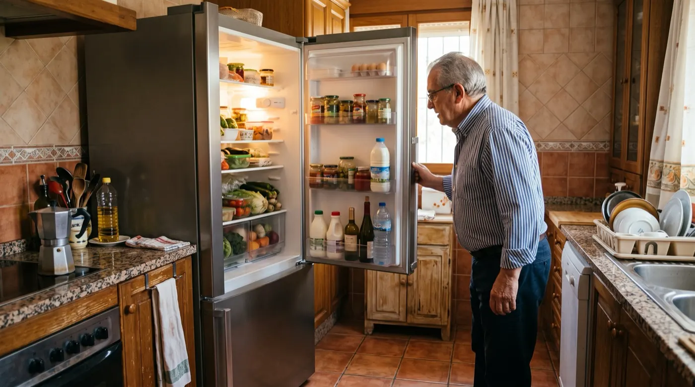 Familia revisa un frigorífico eficiente en una cocina normal