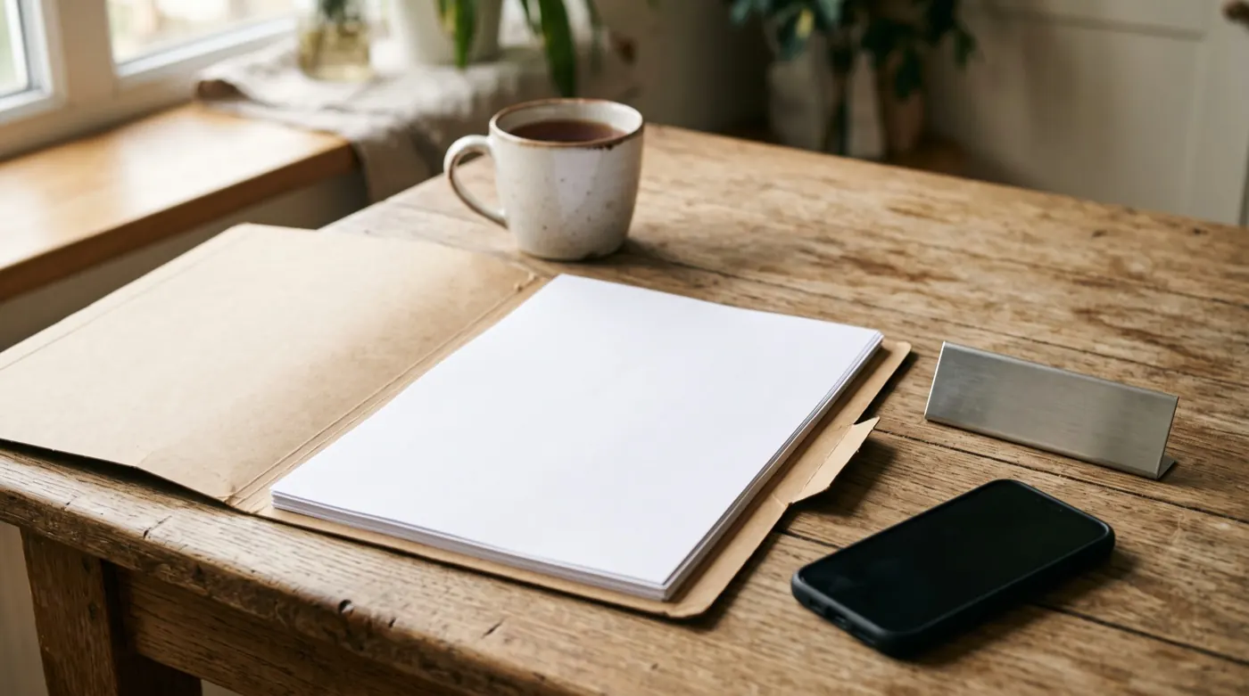 Carpeta con facturas y fichas técnicas de una reforma sobre una mesa