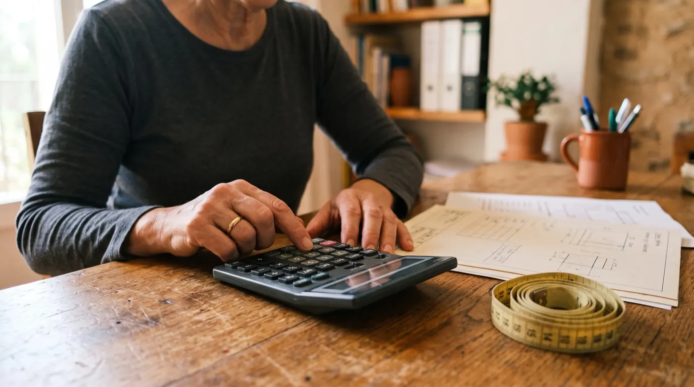 Persona calcula cifras de una reforma con una calculadora y hojas técnicas