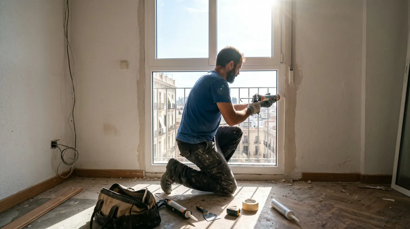 Instalador ajusta una ventana nueva en una vivienda española