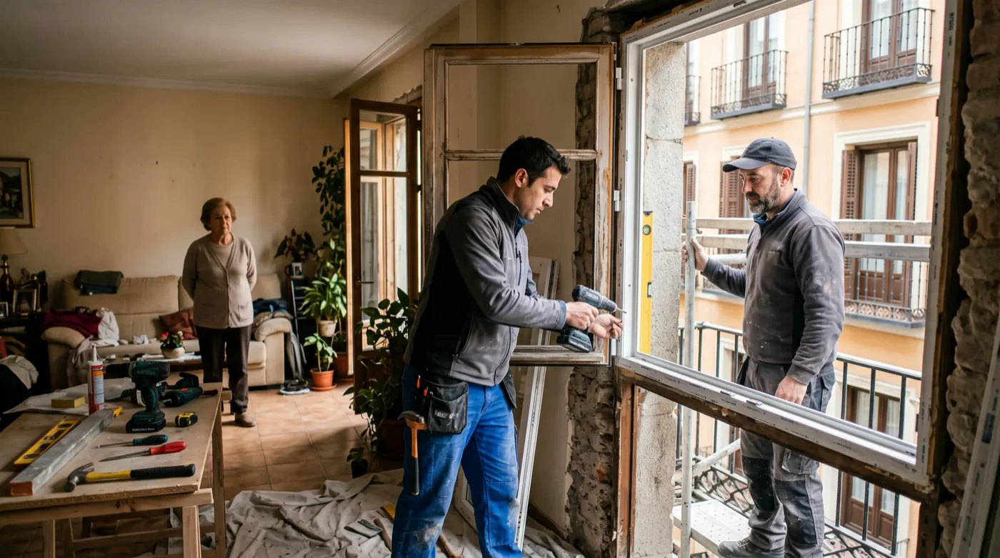 Instaladores sustituyen ventanas en una vivienda española